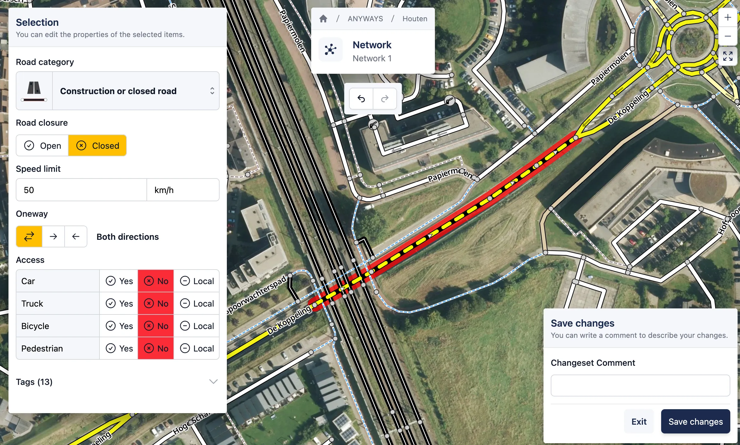 The road network editor open with a road segment selected and set to Closed.