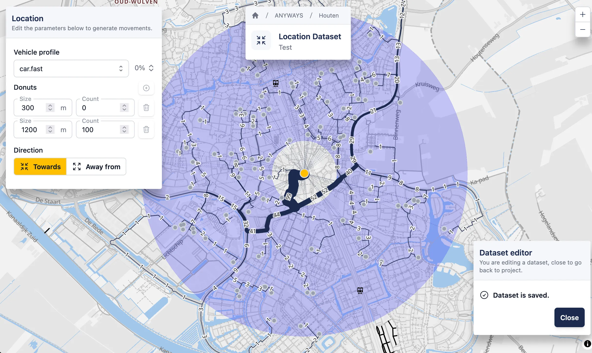 A random locations dataset with everything configured and routes calculated.