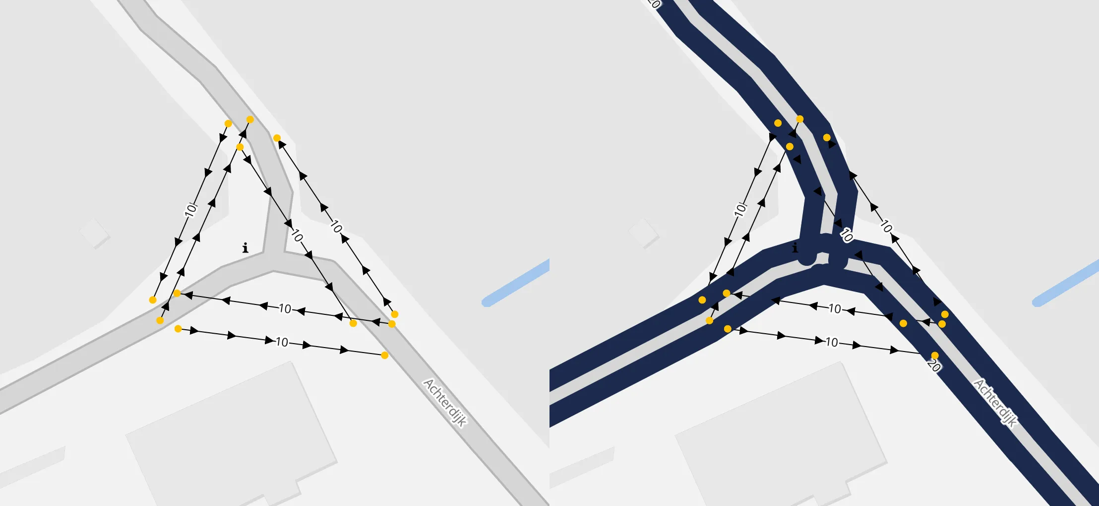 An intersection with traffic counters for every possible turn set to 10. On the feft is the empty network without demand, right is with the demand fitted.