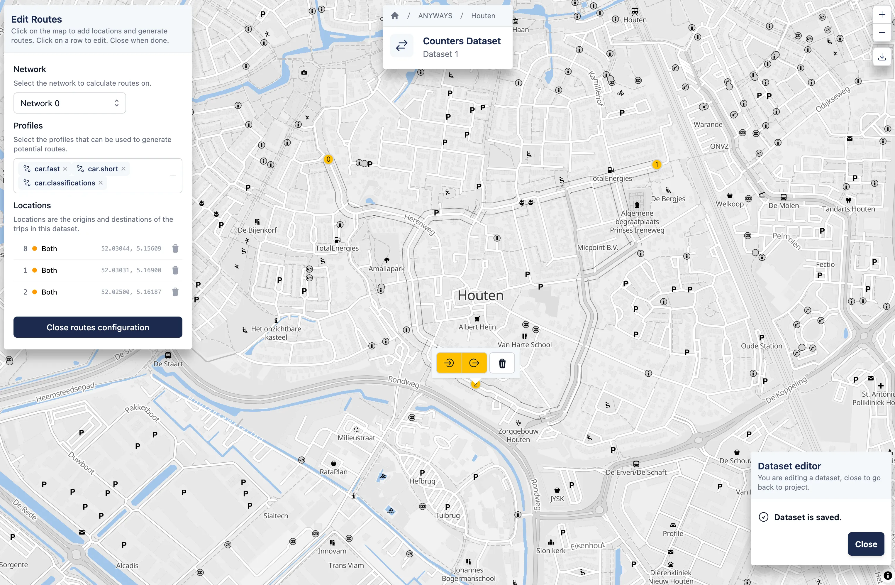 Editing routes with 3 locations setup and all car profiles selected.