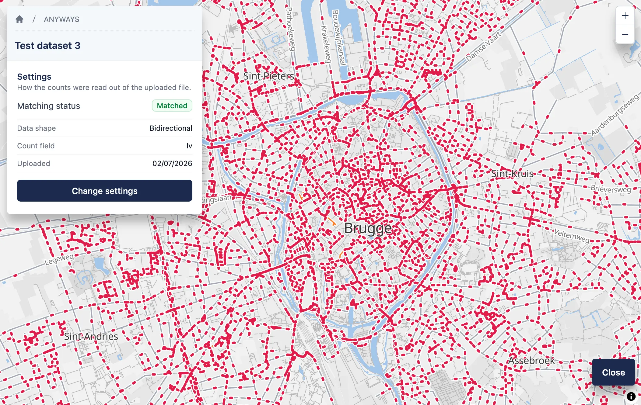 A dataset open on the map with matched counters visible, and the settings panel showing the overview.