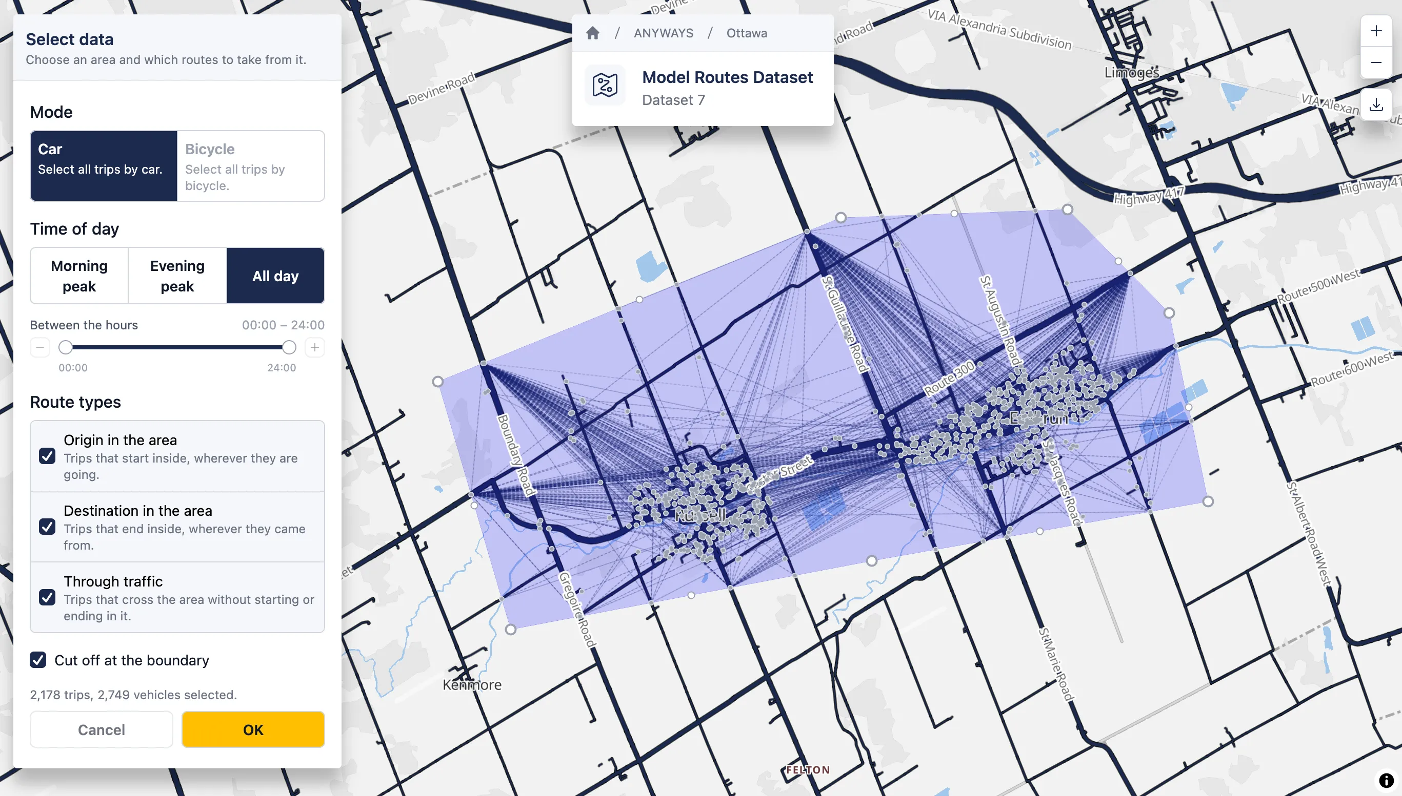 The same area and settings with cut off at the boundary turned on: every trip is clipped to the area and the endpoints land on its outline.