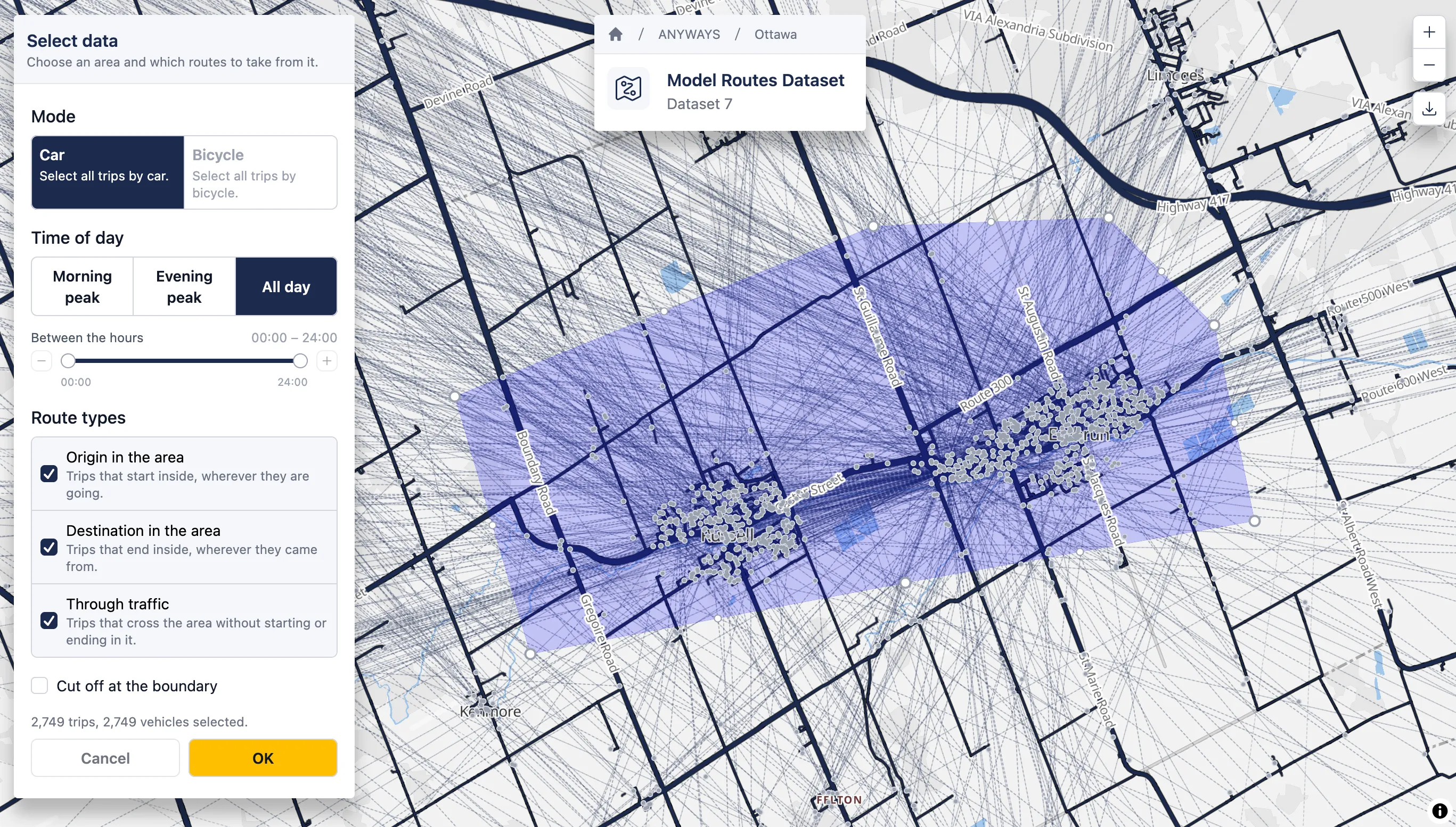 The Select data panel beside an area drawn around Russell and Embrun, with the selected trips previewed on the map.